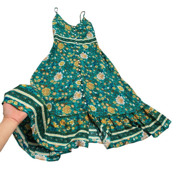 SOLD 🔴 Boho Buys long dress Printed floral fits XS, S green yellow blue - Picture 5 of 16